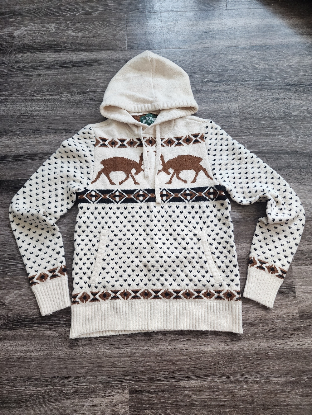 American Eagle Unisex Cream and Brown Reindeer Knit Hoodie Sweater W/ Pocket